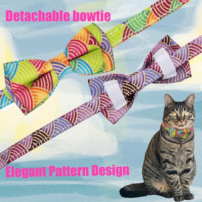 Collar for Cat Pet Breakaway with Bell Bowtie Detachable Bow Adjustable Safety Kitten Puppy Girl Boy 2pcs Kimono-Green & Purple