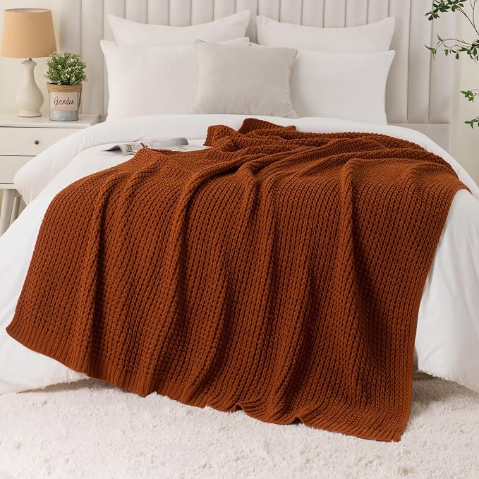 Waffle Knit Blanket Throw, Fall Caramel Throw Blanket for Couch, 60"x80" | Chunky Chenille Throw Blanket, Soft Rust Throw Blanket for Home Decor, Autumn, Sofa, Modern Farmhouse Knitted Style