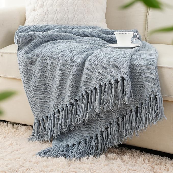 BATTILO HOME Blue Grey Chenille Throw Blanket for Couch, 60"x80" | Knit Throw Blanket, Super Soft Warm Home Decor Blue Throw Blanket with Tassels for Bed,Sofa and Living Room