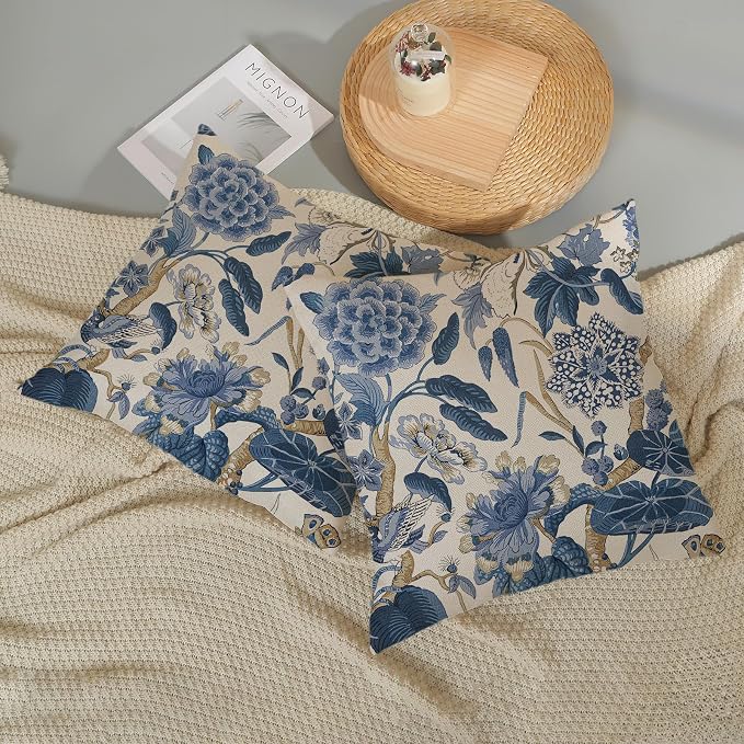 Blue Floral Pillow Covers 18x18 Set of 2 Vintage Floral Throw Pillows Chinoiserie Flower Botantical Decorations Pillowcase Outdoor Decor Linen Farmhouse Cushion Case for Couch Sofa Bed
