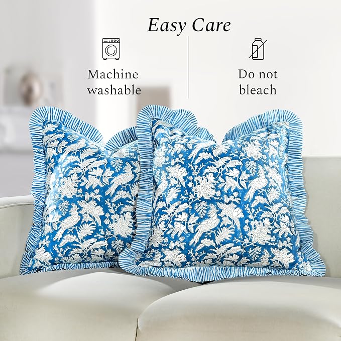 CPC Block Print Ruffle Throw Cover Blue Sapphire 20"x20" Inch Pack of 2-100% Cotton Ruffle Couch Decorative Boho Pillows Case for Living Room, Bedroom, Sofa, Farmhouse Gift for Spring, Mother's Day