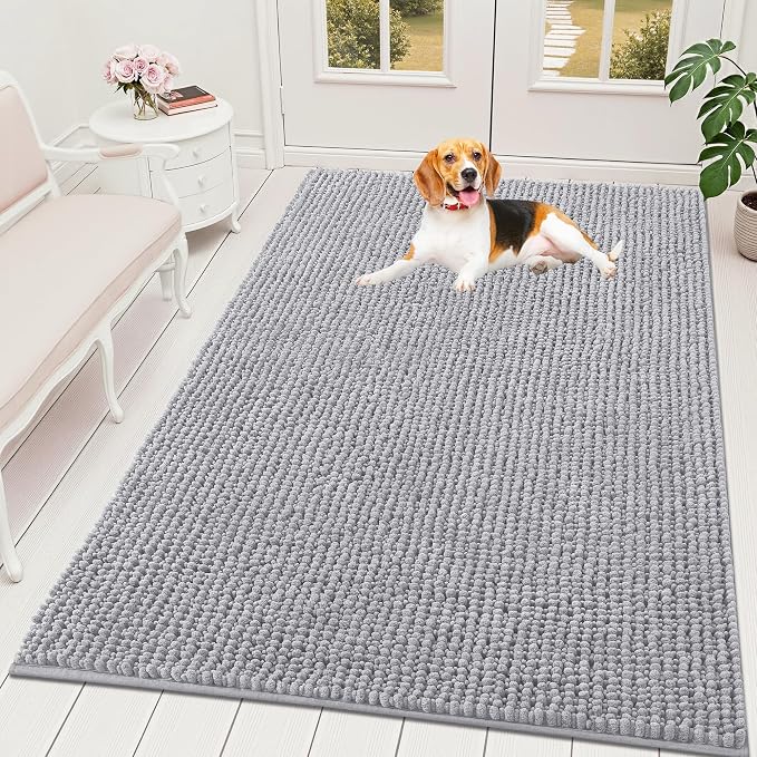 OLANLY Dog Door Mat for Muddy Paws 70x46, Extra Absorbent Chenille Mud Mat | Light Grey, Absorbs Moisture and Dirt, Non-Slip Machine Washable Doormat, Quick-Drying Indoor Entryway Floor Mat for Dogs