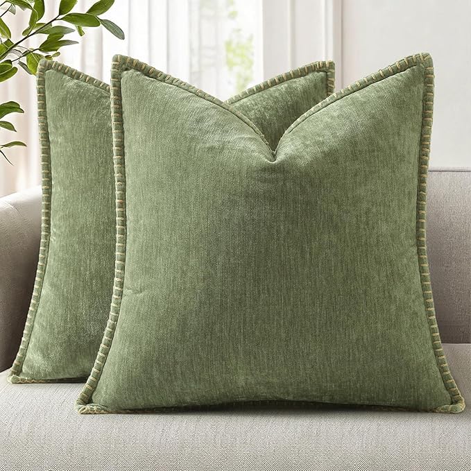 decorUhome Soft Chenille Throw Pillow Covers 22x22 Set of 2 Olive Green | Fall Textured Decorative Throw Pillow Cases Stitched Edge Modern Farmhouse Luxury Boho Velvet for Couch Sofa Bed Home Decor