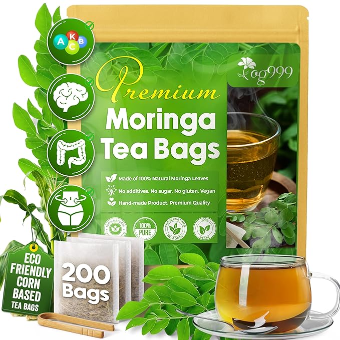 TOG999, Premium 200 Moringa Leaf Tea Bags, 100% Natural & Pure. Loose Leaf Moringa Herbal Tea. No Sugar, No Caffeine, No Gluten, Vegan.