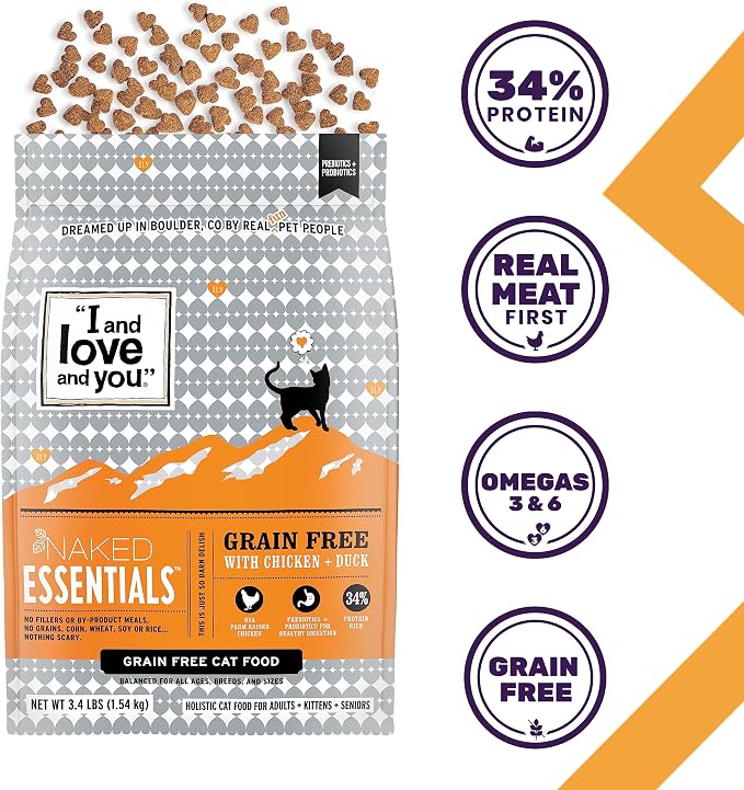 I AND LOVE AND YOU Naked Essentials Dry Cat Food - Chicken + Duck - Grain Free, Real Meat, No Fillers, Prebiotics + Probiotics, 3.4lb Bag (Pack of 2)