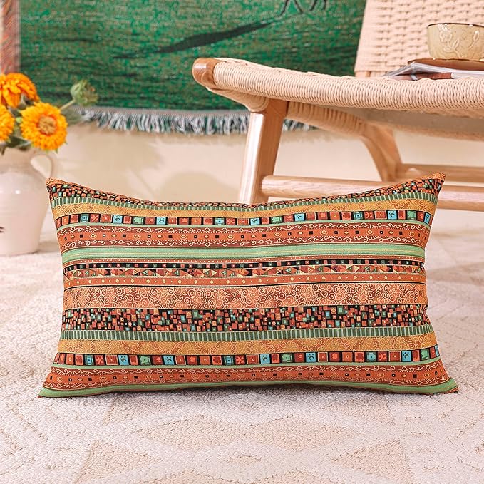 TAOSON Gold Stripe Bohemian Style Antique Cotton Blend Linen Sofa Throw Pillowcase Cushion Cover Pillow Cover with Hidden Zipper Closure Only Cover No Insert 12x20 Inch 30x50cm