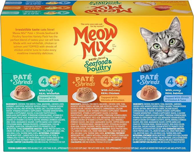 Meow Mix Paté & Shreds, Seafood & Poultry Wet Food Variety Pack, 12 Cups