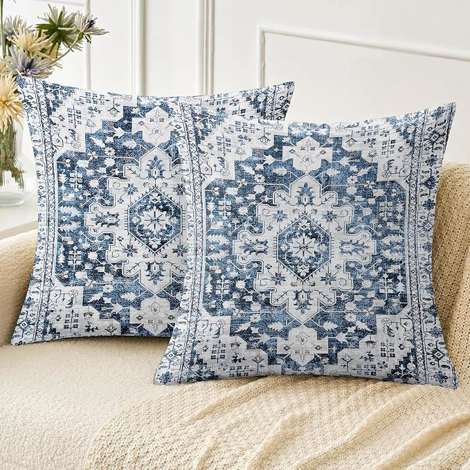 Boho Throw Pillow Covers 16x16 inch Set of 2,Soft Pillowcases Bohemia Carpet Printing Pattern Decorative Sofa Living Room Bed Square Pillow Case Cushion Cover-Blue White