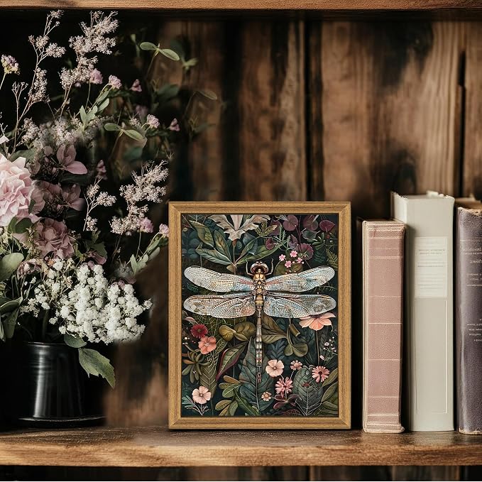 ICHZUMW Framed William Morris Vintage Dragonfly Canvas Wall Art 8x10 In | Dark Green Botanical Prints, Antique Aesthetic Wildflower Wall Decor for Bedroom Living Room Bathroom Office, Ready to Hang