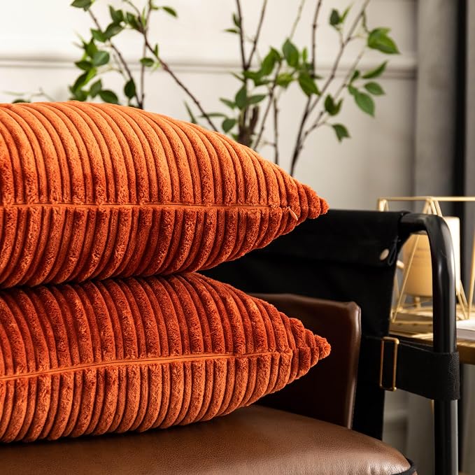UGASA 14x20 Inch Pillow Cover Pack of 1 Soft Boho Stripe Corduroy Long Rectangle Lumbar Cushion Case Farmhouse Decorative Throw Pilowcase for Bed, Couch, Sofa, Bedroom, Living Room, Burnt Brick