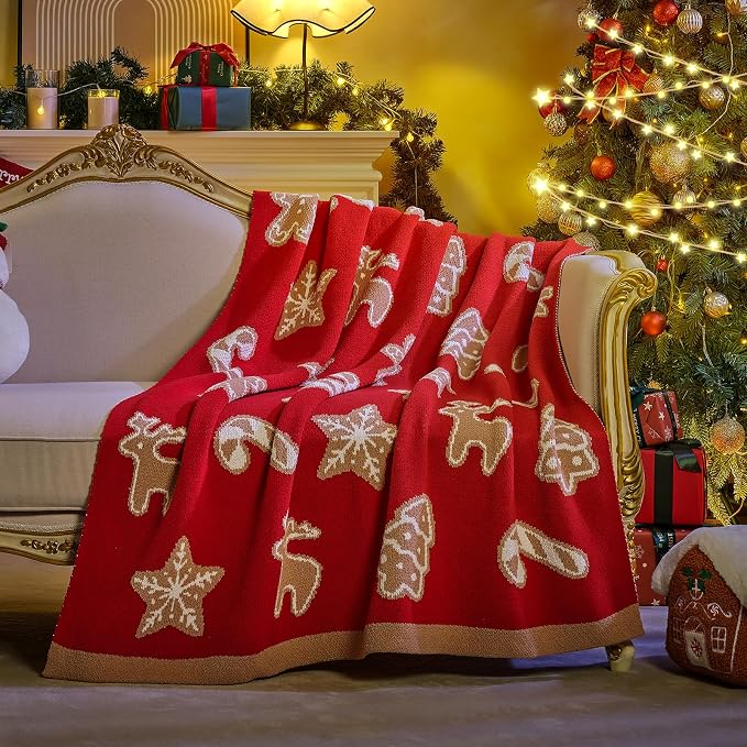Christmas Knit Throw for Couch, Reversible Soft Cozy Chenille Blanket for Home Decor Gift for Family, 50" x 60", Christmas Gingerbread Cookie