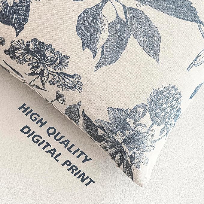 Foindtower Set of 2 Linen Floral Vintage Throw Pillow Covers Neutral Accent Print Decorative Cushion Covers Farmhouse Boho Home Decor for Sofa Chair Couch Bedroom Living Room,24×24 Inch,Blue