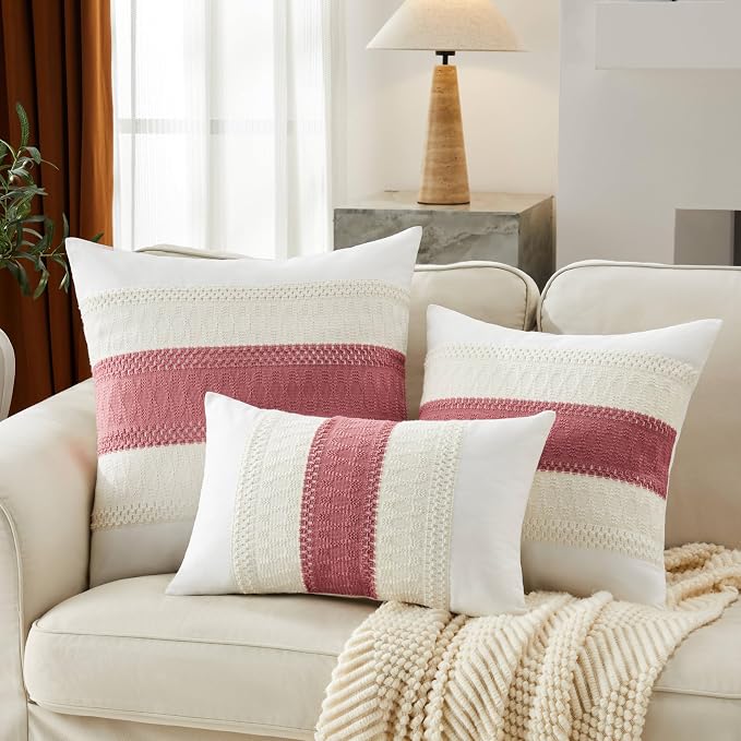 2pk Boho Pillow Covers 16x16, Natural White/Contrast/Dusty Pink | 100% Organic Cotton Body, Stripe Embroidery, Farmhouse Decorative Cushion Covers for Sofa Bed Living Room Home Decor