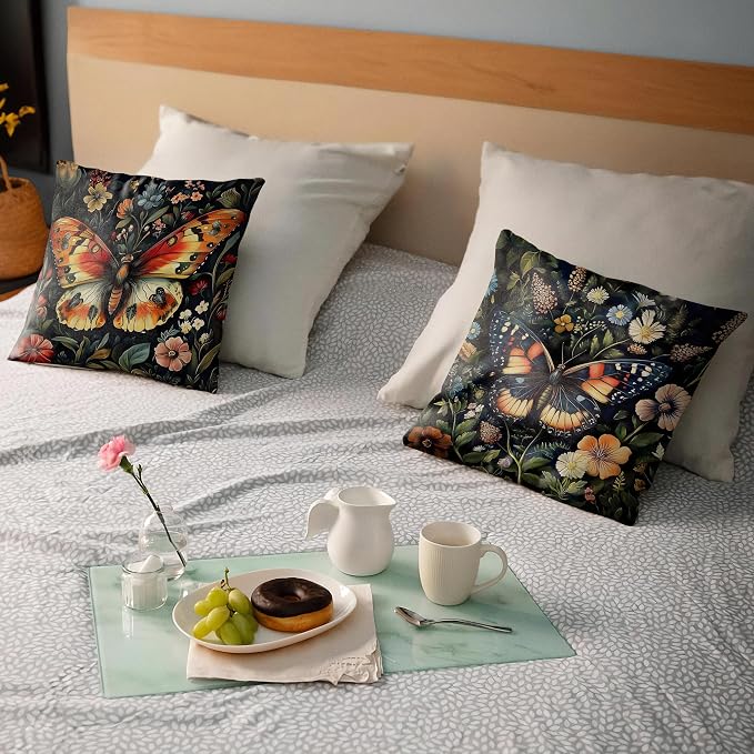 William Morris Inspired Butterfly Pillow Covers 18x18 Set of 2, Butterfly Room Decor, Dark Cottagecore Floral Botanical Moth Decorative Throw Pillow Covers for Home Bedroom Living Room