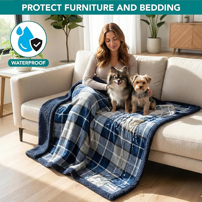 PetAmi Waterproof Dog Blanket for Medium Large Dog Pet, 60x40, Plaid Navy | 460 GSM Sherpa Fleece Reversible, Pee Proof Cat Throw, Furniture Protector Cover for Couch Bed Sofa Kennel, Washable, Large
