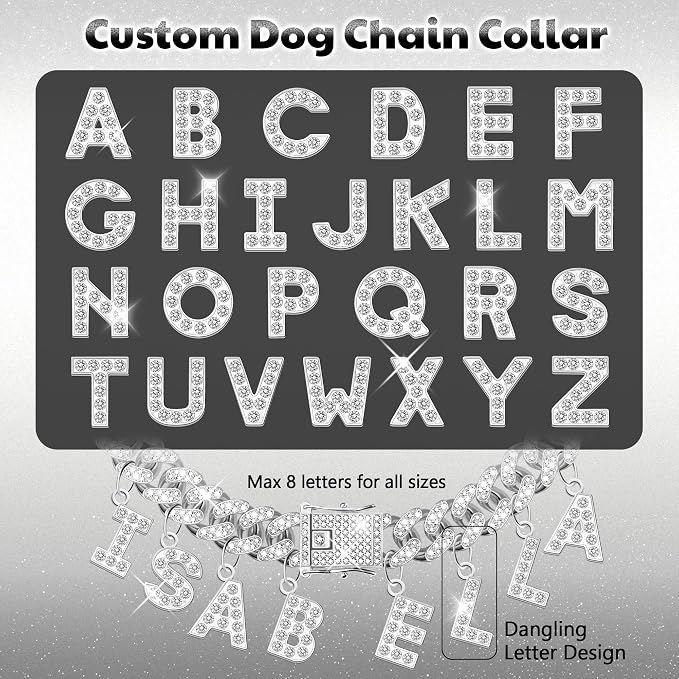 Custom Dog Chain Collar with Name, Diamond Collars Metal Chain Necklace with Secure Buckle, Cuban Style Jewelry Accessories for Puppy Small Medium Large Dogs(Silver, 20 Inch)