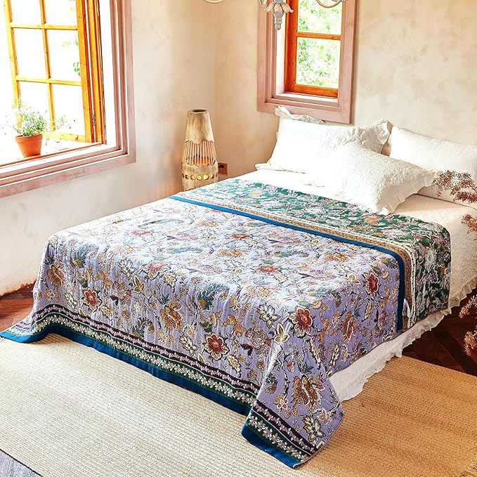 VANJOROY Boho Throw Blanket 60" x 80", 100% Organic Cotton Breathable Ultra Soft Bed Purple Quilt Throw - All Season Luxury Floral Farmhouse Decor Blanket for Sofa Couch Chair and Gift.
