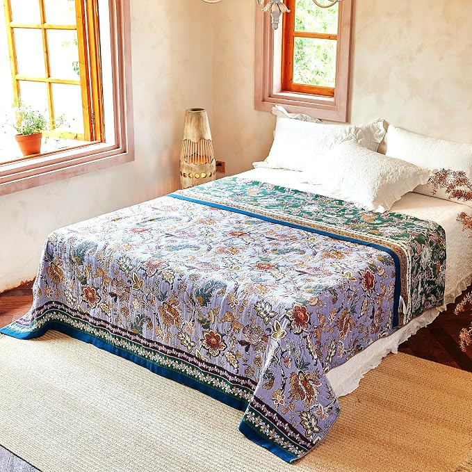 VANJOROY Boho Throw Blanket 80" x 90", 100% Organic Cotton Breathable Ultra Soft Bed Purple Quilt Throw - All Season Luxury Floral Farmhouse Decor Blanket for Sofa Couch Chair and Gift.