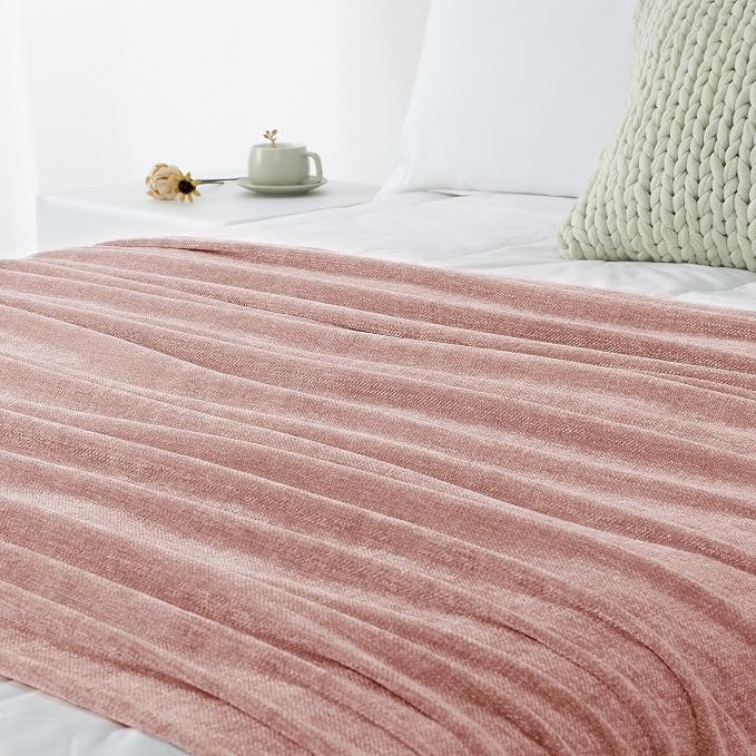 Chenille Throw Blanket for Couch 60" x 80" Twin, Dusty Pink | Soft Cozy Throws with Fringe Tassel, for Living Room Bed Sofa Chair Cover, Lightweight Knitted Boho Blankets Christmas Decor