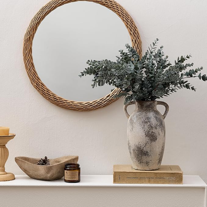 PORCER 9.84 Inch Ceramic Vase with Handles, Tuscan Decor Antique Terracotta Vase, Rustic Decorative Flower Vase for Home Decor, Farmhouse, Living Room, Table, Bedroom, Office, Entrance- Gray