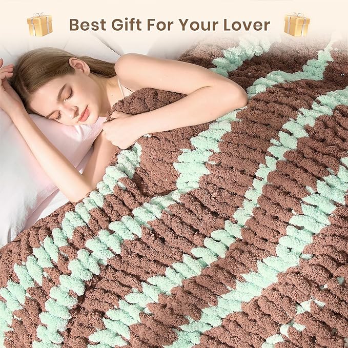 L'AGRATY Chunky Knit Throw Blanket for Couch, 60 x 80 Inches, Brown Green | Handmade Chenille Crochet Blanket for Sofa Bed, Thick Cable Knitted Blankets for Room Home Decor, Birthday Gift for Women Mom