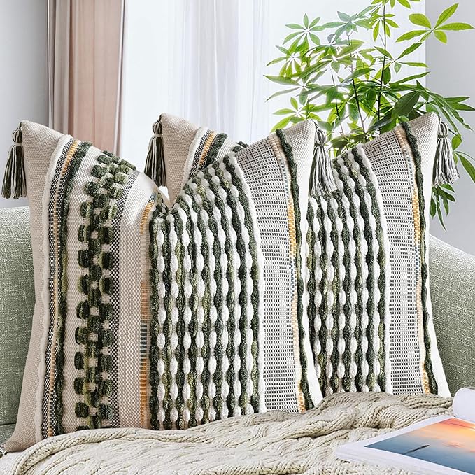 Set of 2 Chenille Striped Textured Boho Throw Pillow Covers Aesthetic with Tassels Woven Decorative Pillow Case for Couch Bed Sofa Bedroom Modern Funky 18 x 18-Inch Sage Green