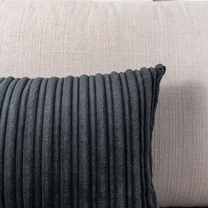 UGASA 14x20 Inch Christmas Pillow Cover Pack of 1 Soft Boho Stripe Corduroy Long Rectangle Lumbar Cushion Case Farmhouse Decorative Pilowcase for Bed, Couch, Sofa, Bedroom, Living Room, Dark Grey