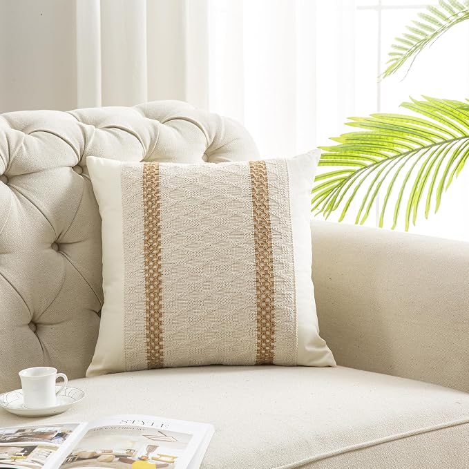 Throw Pillow Covers 16 x 16 Inch 1PC for Farmhouse Living Room, Cotton & Burlap Textured Striped Woven Boho Pillow Covers (Beige & Brown, Double Striped)