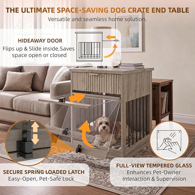 Dog Crate Furniture End Table for Small Dogs with Charging Station (Grey)