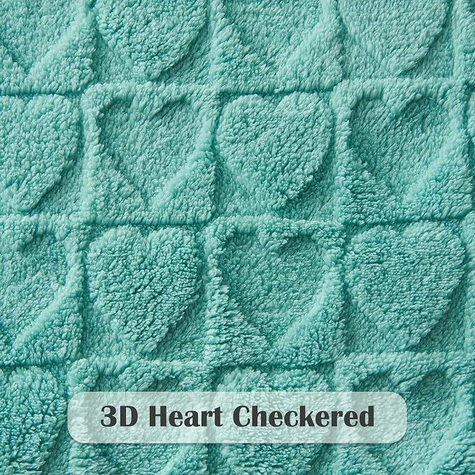 NEWCOSPLAY 3D Heart Checkered Flannel Twin Blanket, Sage Green, 60"x80" | Super Soft Cute Lightweight Decorative Premium Silky Fleece Blanket for Couch Sofa Bed, Gift for Women Men, All Season Use