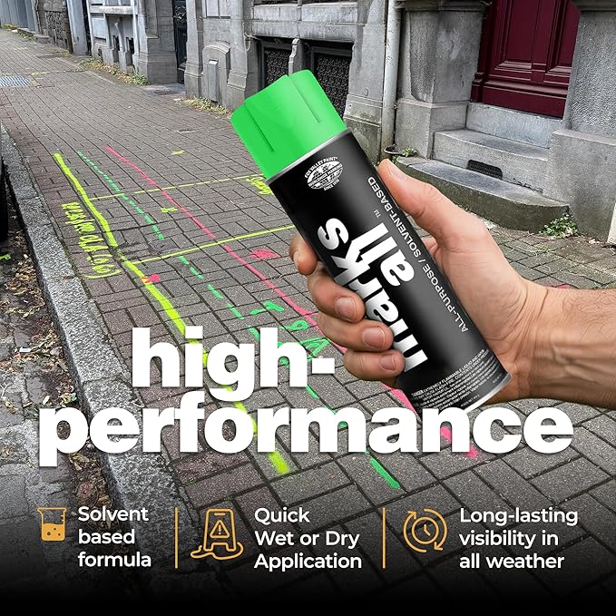 Fox Valley 18oz Marks All Solvent-Based Marking Paint Spray, 12-Pack Green Fluorescent – Long-Lasting, Weather-Resistant Spray Paint for Wet or Dry Surfaces Like Metal, Grass, Concrete, Wood, & More