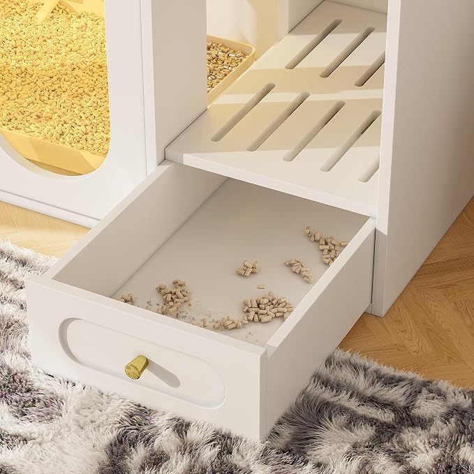37.4 Inch Hidden Litter Box Furniture with Storage Drawers, White | App-Controlled LED Light, Multi-Entry Maze, 2 Storage Drawers, Side Litter Collection Drawer and 220 lb Top Capacity