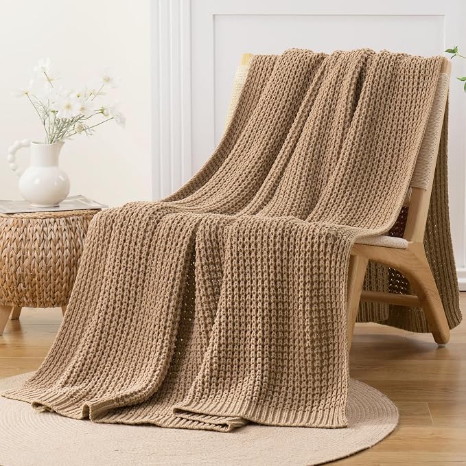 Beige Throw Blanket for Couch, Tan Waffle Knitted Throw Blankets 60"x80" | Farmhouse Throw Blanket for Home Decor, Neutral Knitted Beige Blanket, Decorative Soft Chunky Chenille Throw for Bed Sofa