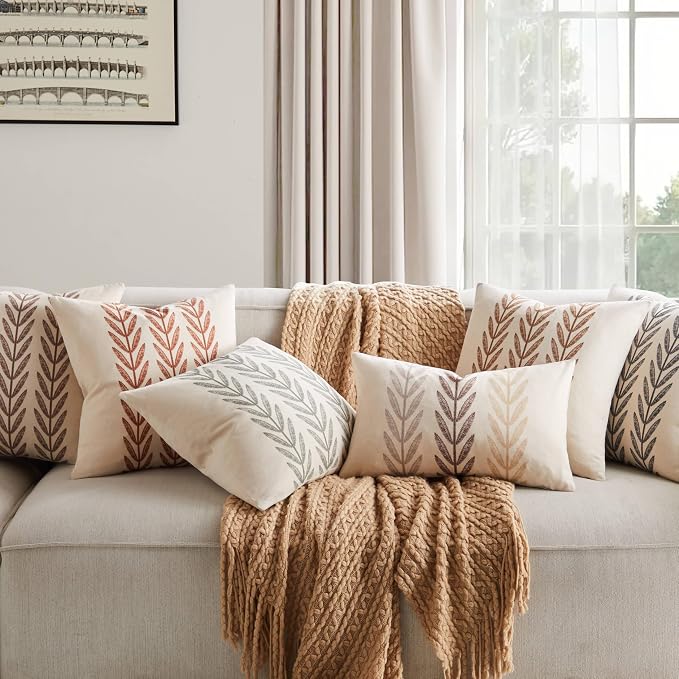 Farmhouse Leaves Throw Pillow Covers Set of 2, 24x24in Green | 100% Organic Cotton, Rustic Accent Print Pillow Case, Pastoral Decorative Cushion Covers for Sofa Bed Living Room Home Decor