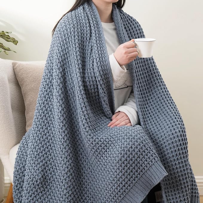 Blue Grey Throw Blanket for Couch, Waffle Knitted Throw Blanket 50"x60" | Chunky Chenille Throw Blanket, Soft Blue Throw Blanket for Home Decor, Sofa, Modern Farmhouse Knit Style