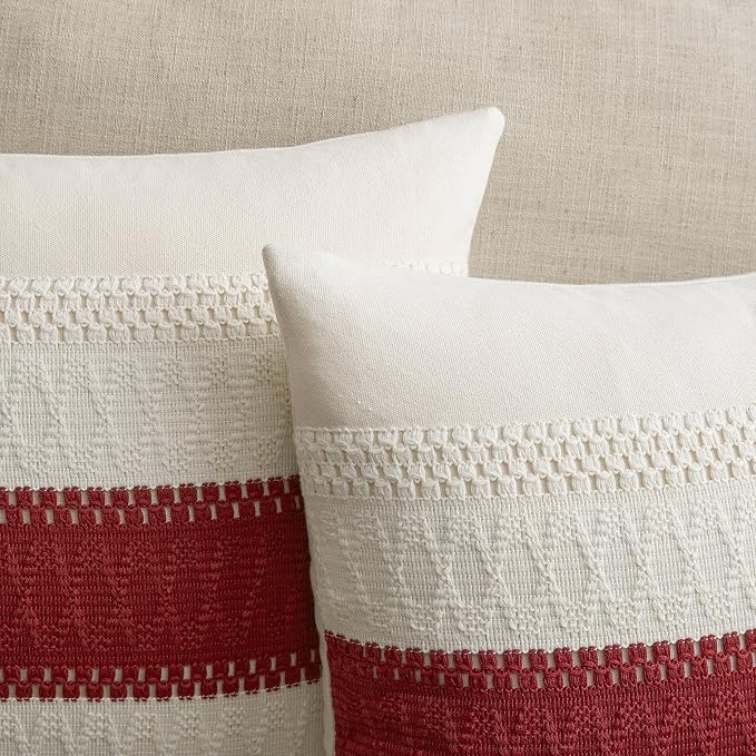 2 Pack Boho Throw Pillow Covers, Contrast Red 18x18in | Soft Breathable Cotton, Farmhouse Decorative Couch Pillow Cases, Cushion Covers for Sofa Bed Living Room Home Decor