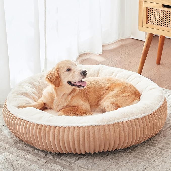 36 inches Calming Donut Dog Bed for Large Dogs,Mocha | Round Pet Bed with Removable&Washable Cover,Milk Plush Faux Fur, Fits Pets up to 80 lbs