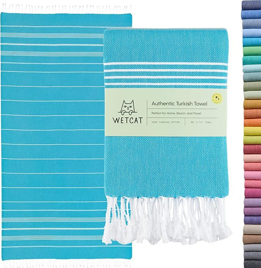 WETCAT Turkish Beach Towel Oversized (38"x71") 100% Turkish Cotton, Made in Turkey - Sand Free, Extra Large, Ultra Soft, Quick Drying, Compact & Lightweight for Travel - Turquoise