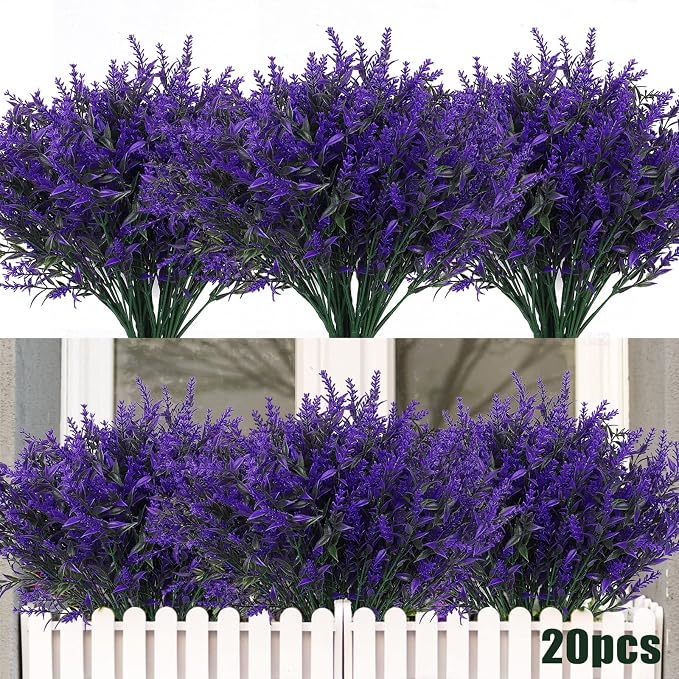 RECUTMS 20 Pcs Outdoor Artificial Flowers UV Resistant Fake Outdoor Plants | Fake Shrubs Ferns,Faux Purple Greenery for Indoor Outside Hanging Plants Garden Porch Window Box Home Wedding Farmhouse Décor