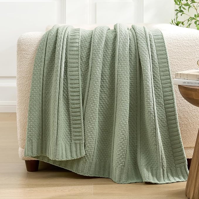Chenille Throw Blanket for Couch, Soft Cozy Chunky Knit Blanket, Moss Stitch Throw for Sofa, Bed, Living Room, Lightweight Warm Home Decor, Sage Green 60"x80"