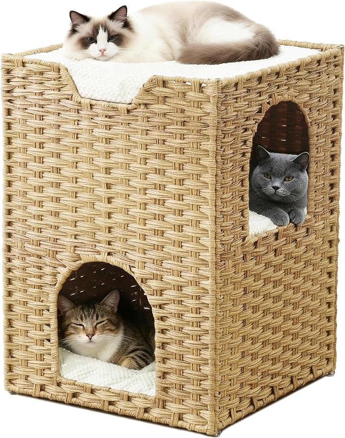 Safety Triple-Layer Cat House for Indoor Cats - Hand-Woven Rattan Cat Cave with 2 Hideaways & 3 Soft Pads - Foldable & Sturdy Cat Condo Furniture for Multiple Cats & Small Pets, Easy Assembly