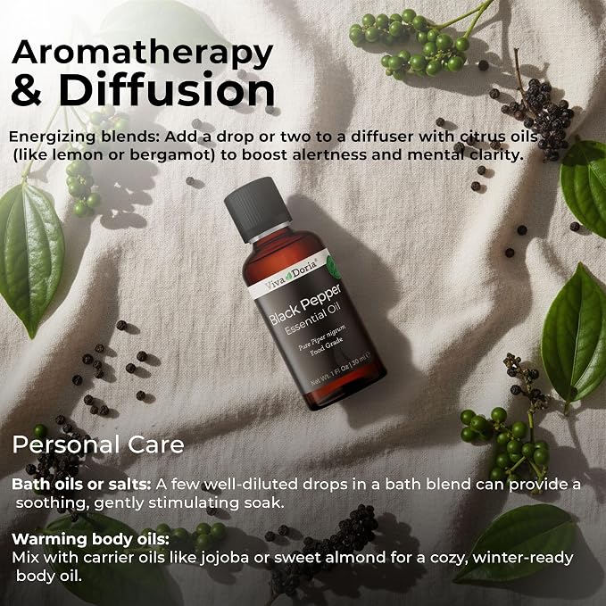 Viva Doria Black Pepper Essential Oil, 100% Pure, Natural Essential Oil, Undiluted, for Aromatherapy | Food Grade, 30 mL (1 Fluid Ounce)