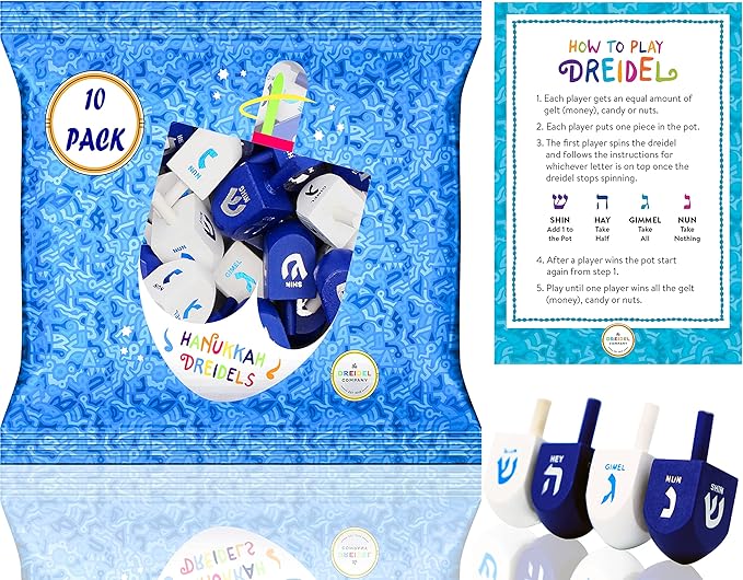 The Dreidel Company 10 Solid Blue & White Hand Painted Wooden Hanukkah Dreidels with English Transliteration - Includes Detailed 3 Game Instruction Cards- (10-Pack)