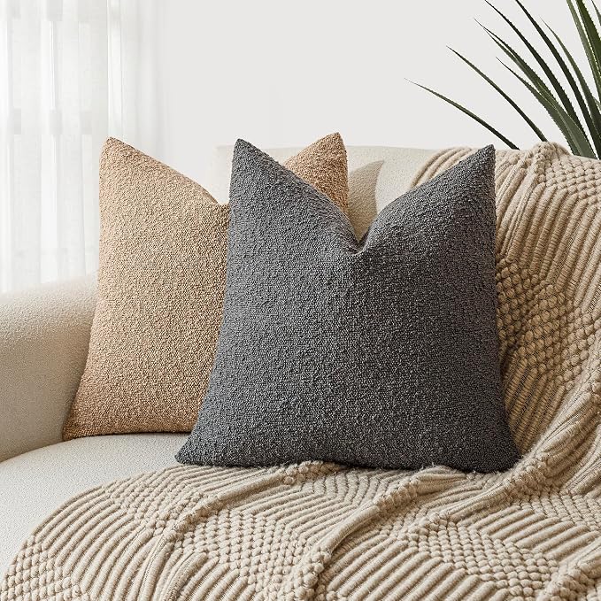 Foindtower Pack of 2 Textured Boucle Throw Pillow Covers Accent Solid Decorative Pillow Cases Cozy Woven Couch Cushion Case for Sofa Bedroom Living Room Home Decor, 18 x 18 Inch,Dark Grey