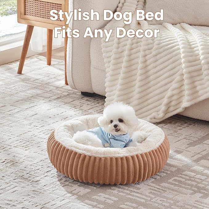 23 inches Calming Donut Dog Bed for Small Dogs,Mocha | Round Puppy Pet Bed with Removable&Washable Cover,Milk Plush Faux Fur, Fits Pets up to 15 lbs
