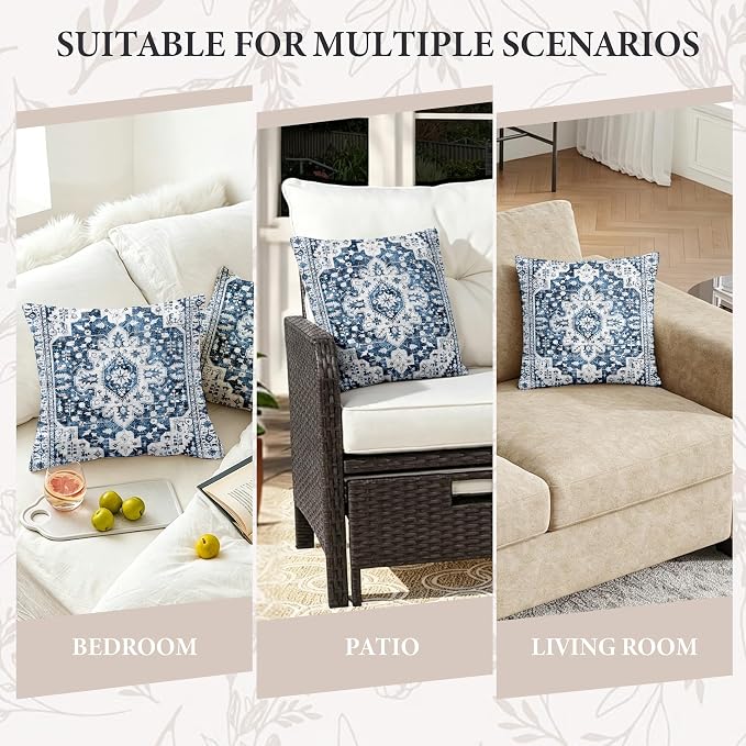 Boho Throw Pillow Covers 18x18 inch Set of 2,Soft Pillowcases Bohemia Carpet Printing Pattern Decorative Sofa Living Room Bed Square Pillow Case Cushion Cover-Blue White