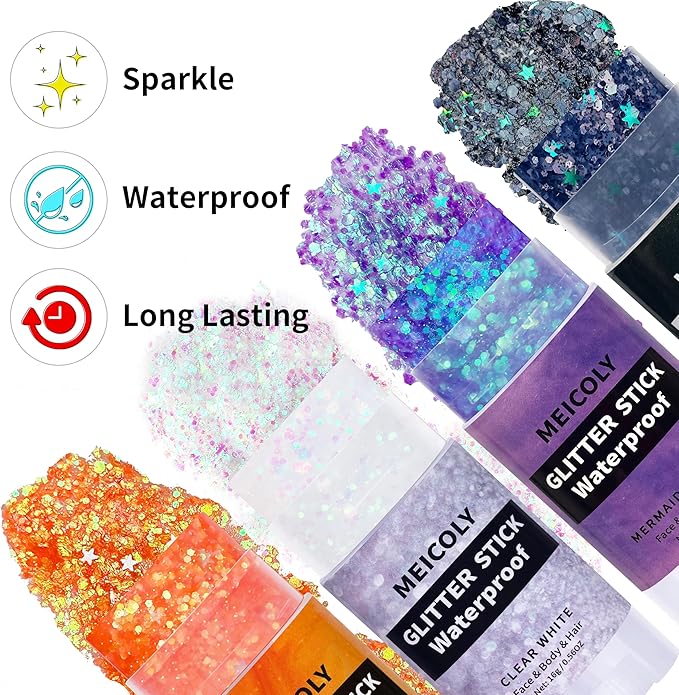 MEICOLY Clear White Face Body Glitter Stick,Hair Glitter Stick for Kids and Women,Sparkle Chunky Glitter Makeup,Waterproof Face Glitter for Party Rave Festival