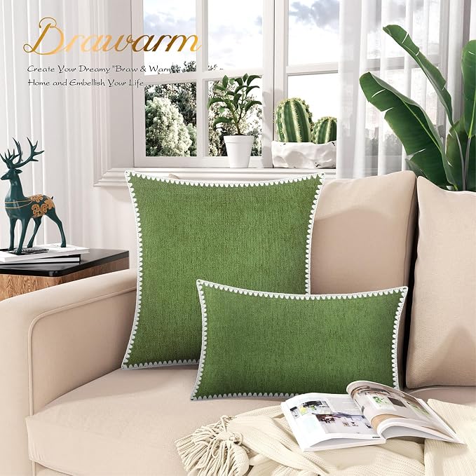 BRAWARM Chenille Throw Pillow Covers 20x20 Inches, Forest Green, 2 Pack | Decorative Pillow Covers with Shell Edge, Soft Cushion Cases for Sofa Bed Living Room Home Farmhouse (No Insert)