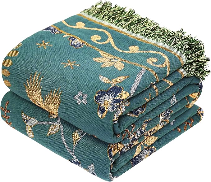 VANJOROY Boho 100% Organic Cotton Muslin Throw Blanket 50" x 60" - All Season Rustic Ultra Soft Breathable Floral Bird Blanket for Bed Sofa Couch Chair Bedspread Quilt Gift-Teal/Beige
