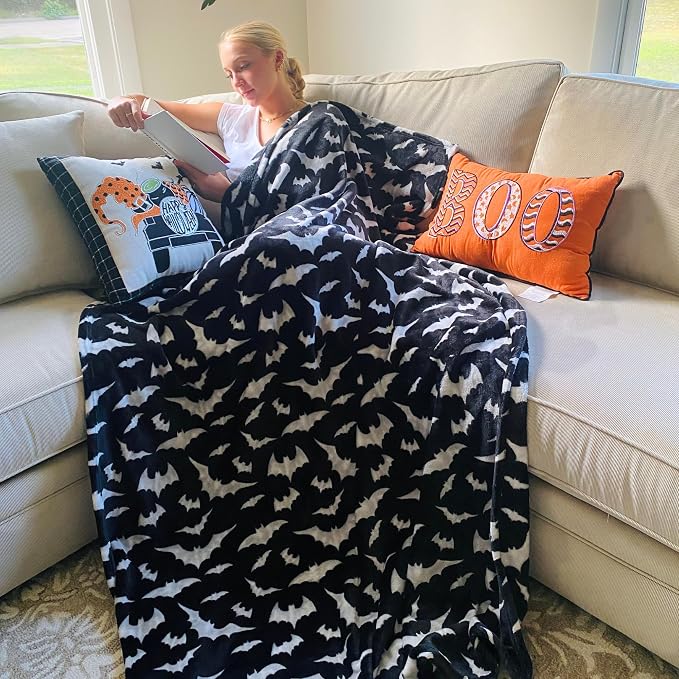 Halloween Fleece Throw Blanket, Silver White Bats on Black, Oversized 50x70 | Ultra-soft cozy flannel fleece, for sofa couch bed chair & dorms, spooky Halloween décor, durable and machine washable.
